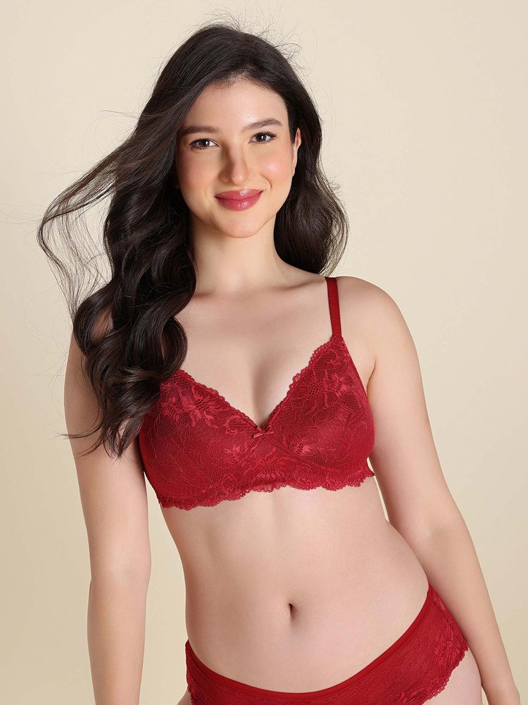 Zivame Padded Non Wired Medium Coverage Lace Bra - Red Dahlia-picture-21