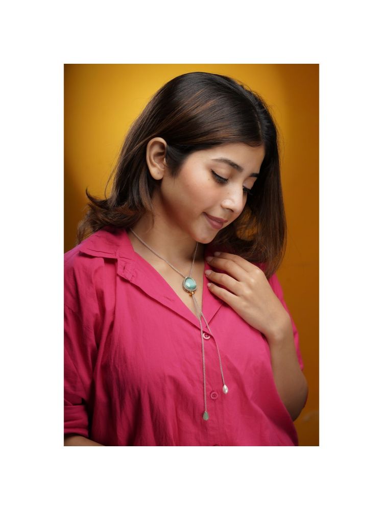 AARSEE OFFICIAL Silver Plated Mint Green Polki Lariat Necklace-image-2
