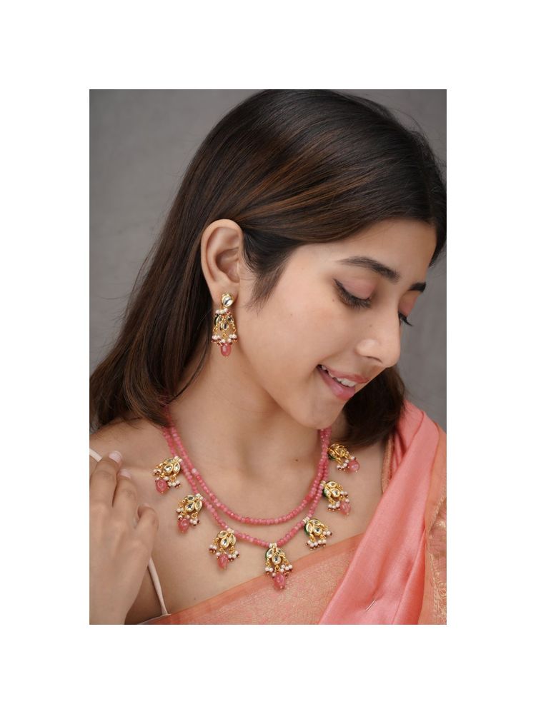 AARSEE OFFICIAL Peach Roseleaf Kundan Necklace With Earrings-image-16