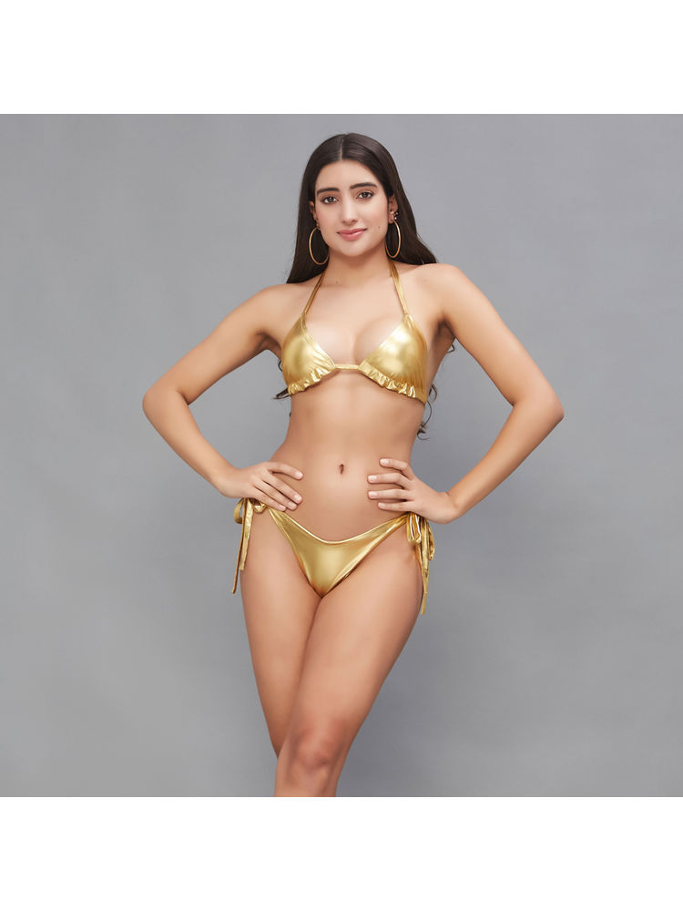 Secrets By ZeroKaata Women Metallic Halter Beach Wear Swim Bikini Set