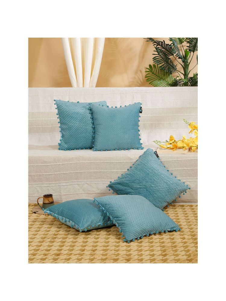 HOSTA HOMES 300 Gsm Quilted Velvet Pom Pom Cushion Covers Turquoise (Pack of 5) (16x16 inches)-image-8