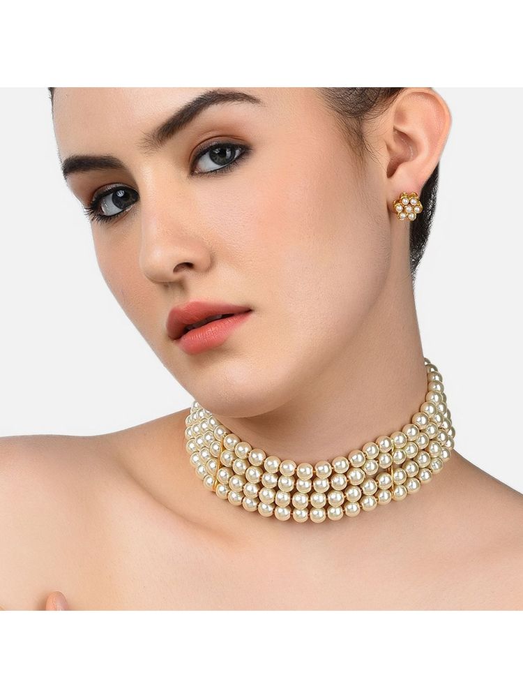 Zaveri Pearls Gold Tone Ethnic Multistrand Pearls Choker Necklace & Earring Set (ZPFK10145)