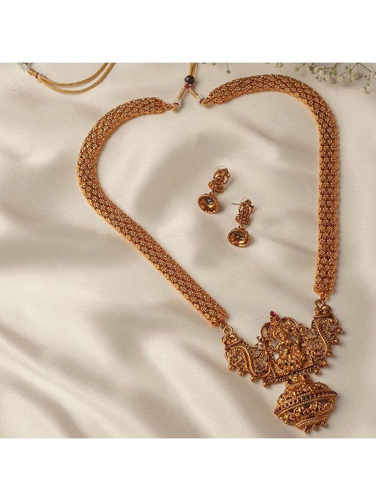 Zaveri Pearls Antique Gold Tone Bridal Collection Long Temple Necklace & Earring Set (ZPFK10178)