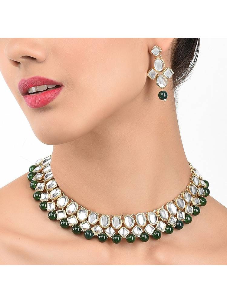 Zaveri Pearls Kundan & Green Beads Ethnic Choker Necklace & Earring - ZPFK8530