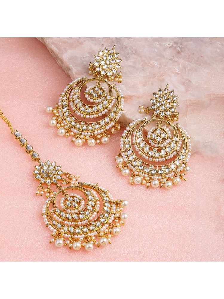 Zaveri Pearls Gold Tone Kundan & Pearls Chandbali Earring & Maangtikka Set - ZPFK8541