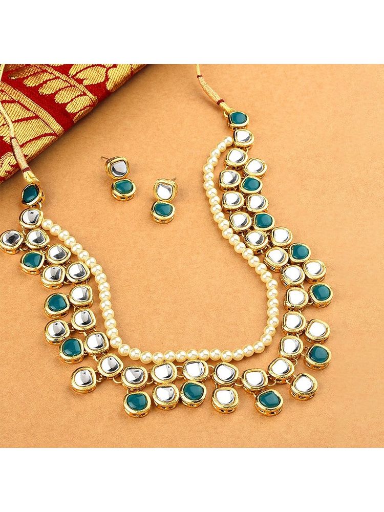 Zaveri Pearls Green Kundan & Pearls Layered Necklace & Earring Set - ZPFK8591