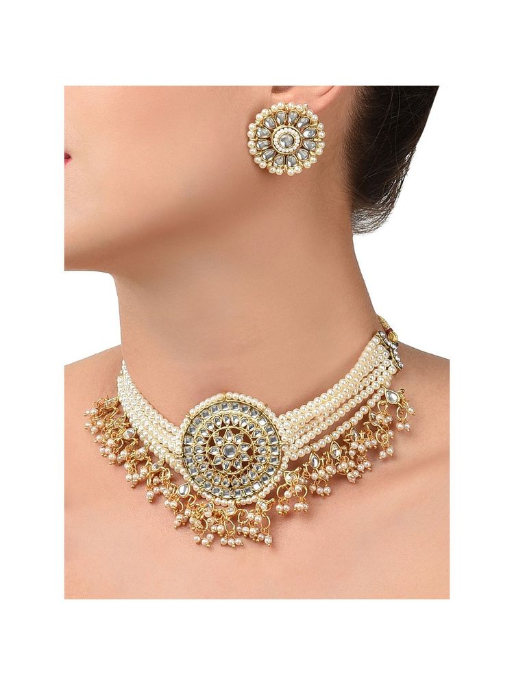 Zaveri Pearls Gold Tone Kundan & Multistrand Pearls Choker Necklace & Earring Set (ZPFK9805)