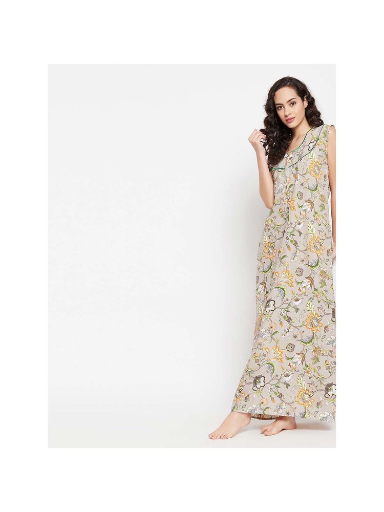 Clovia Pretty Florals Long Nighty In Beige - Cotton-picture-18