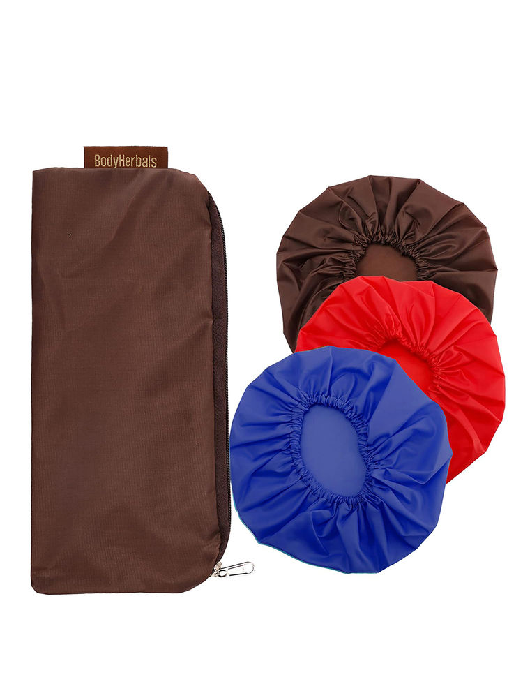 BodyHerbals 100% Waterproof Shower Cap Set of 3 SPA, Salon & Travel Essential Zip Pouch - Brown