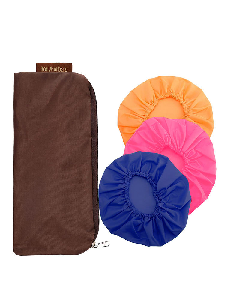 BodyHerbals 100% Waterproof Shower Cap Set of 3 SPA, Salon & Travel Essential Zip Pouch - Orange