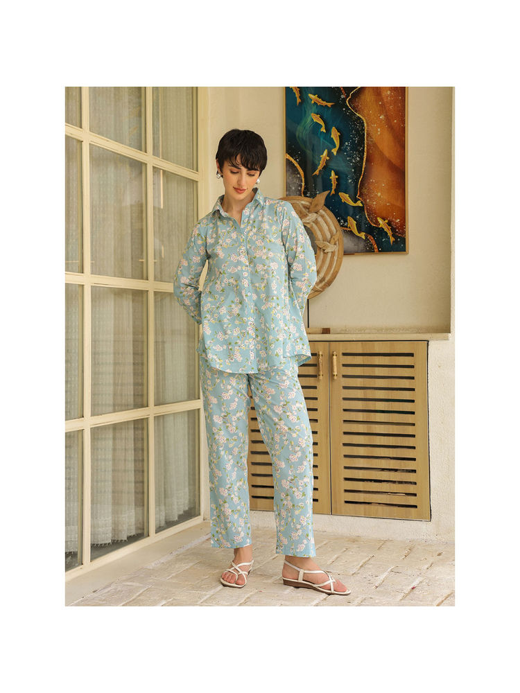 sanskrutihomes SAY Blue Shirt Collar Pure Cotton Printed Night Suit For Women (Set of 2)-picture-20