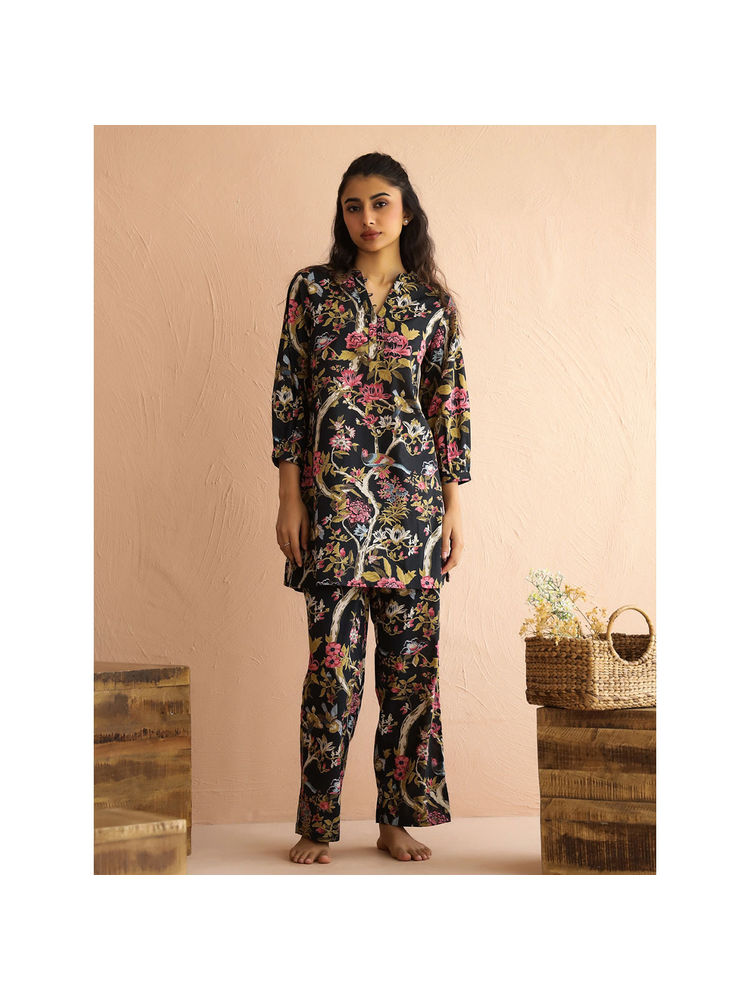 sanskrutihomes SAY Olive Mandarin Collar Pure Cotton Printed Night Suit For Women (Set of 2)-picture-23