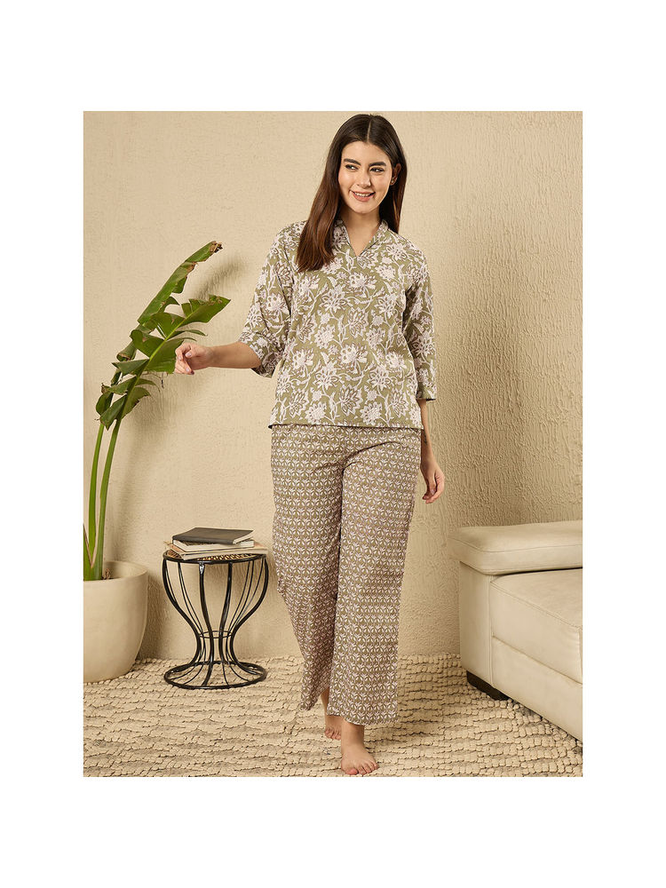 July Nightwear Cotton Olive Short Kurti With Pyjama For Women (Set of 2)-picture-22