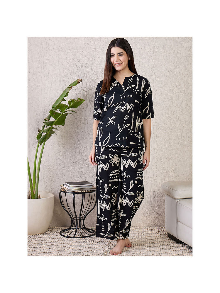 July Nightwear Cotton Black Short Kurti With Pyjama For Women (Set of 2)