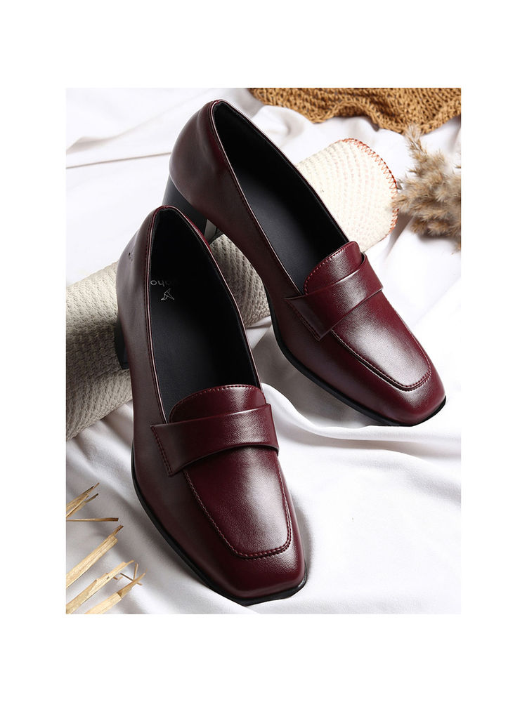 Yoho Maroon Bliss Heal 001 Stylish & Comfy Slip On Block Heel Loafers-image-14