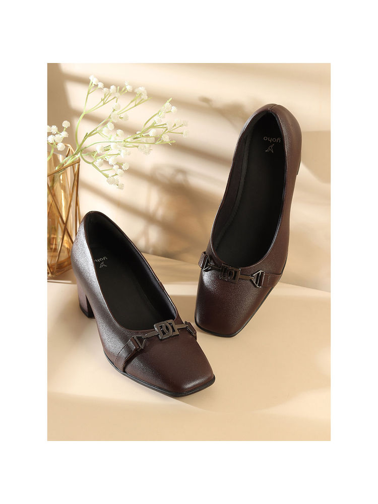 Yoho Brown Bliss Heal 002 Chic Slip-On Block Heel Loafers-image-7