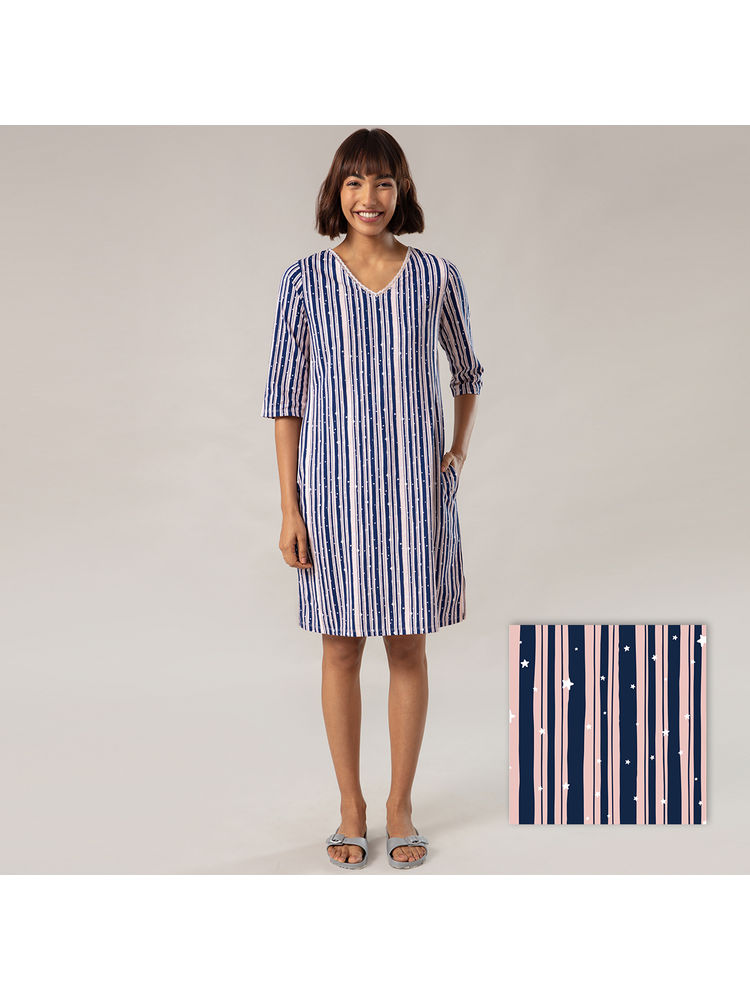 Nykd by Nykaa Super Fine Sleep Dress In Cosy Cotton - NYS009 Stripe Print-picture-34