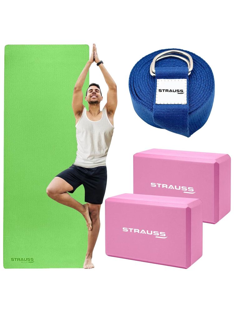 Strauss Set of 3- Belt 8FT Blue 2 Block Pink & Anti Skid Yoga Mat with Carry Bag Green-picture-11