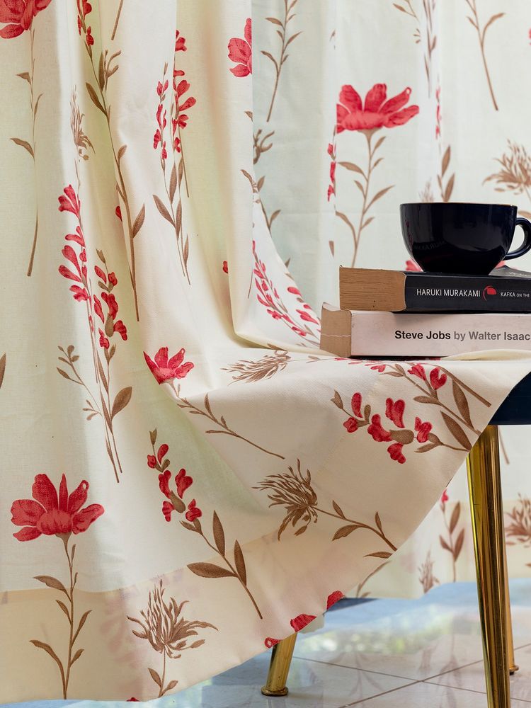Urban Space Cotton Window Curtains with Eyelets & Tieback Orchid Blooms Pomegranate Pink (Pack of 2)-image-5