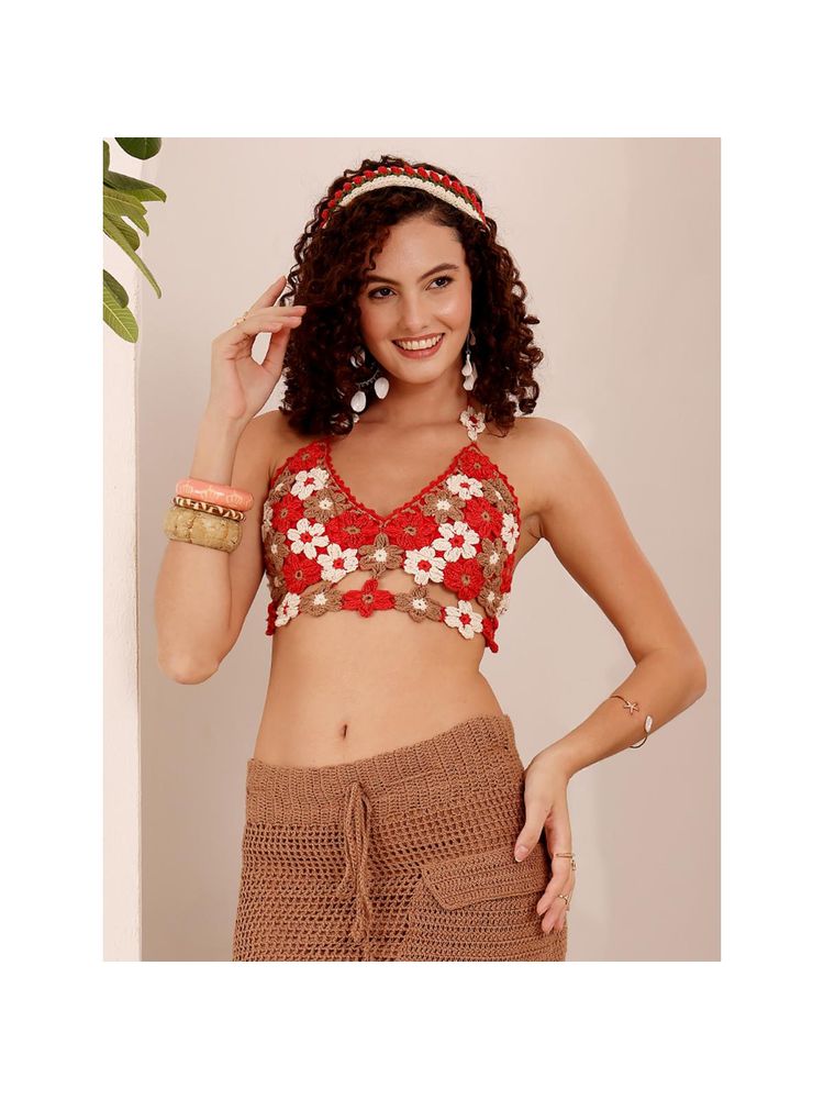 Velvery Red Floral Resort Wear Crochet Bralette-image-36