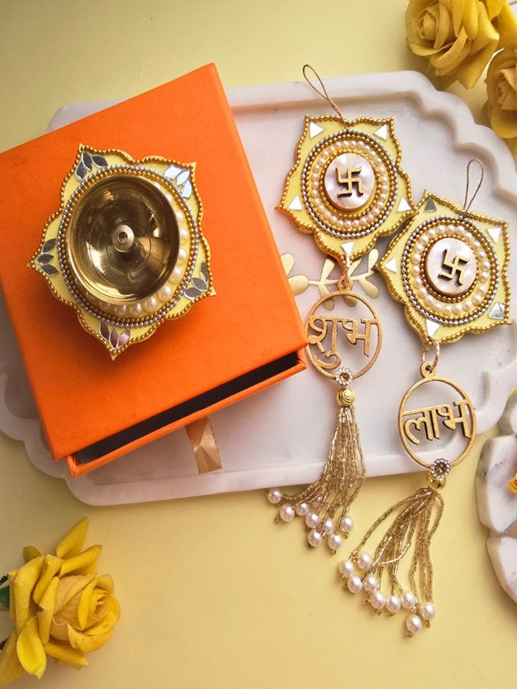 Homearte Brass Diya with Yellow Mdf Door Hangings & Gift Box Traditional Diya-picture-0