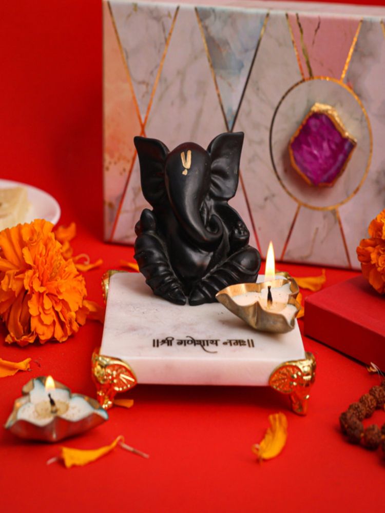 Homearte Black Ganesha with Marble Choki and Candles-picture-2
