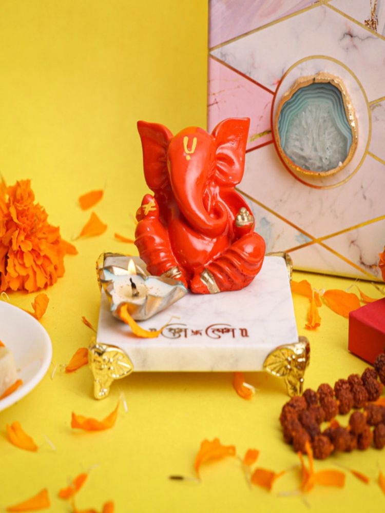 Homearte Orange Ganesha with Marble Choki and Candles-picture-3