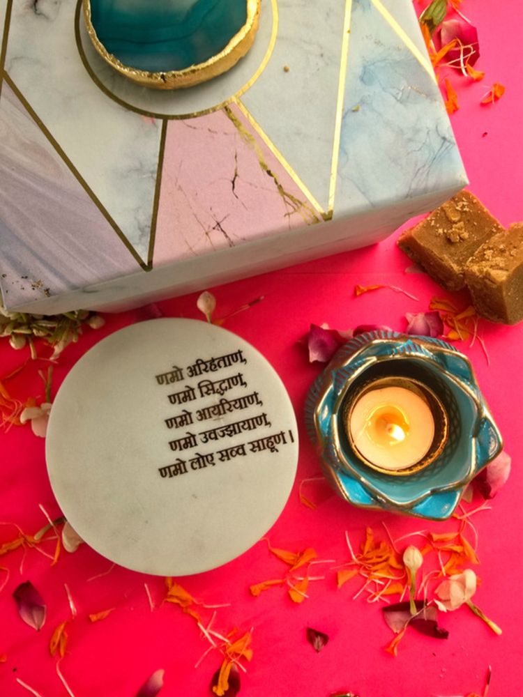 Homearte White Marble Namokar Mantra Choki and Polyresin Tea Light Holder-picture-31
