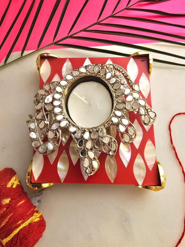Homearte Metal Elephant Shape Diya with Red Mop Pooja Platter with Box Traditional Diya-picture-41