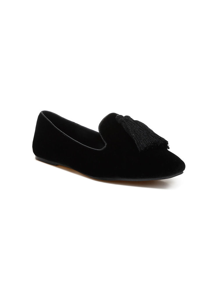 Rag & Co Black Iconic Tassel Detail Velvet Loafers-image-16