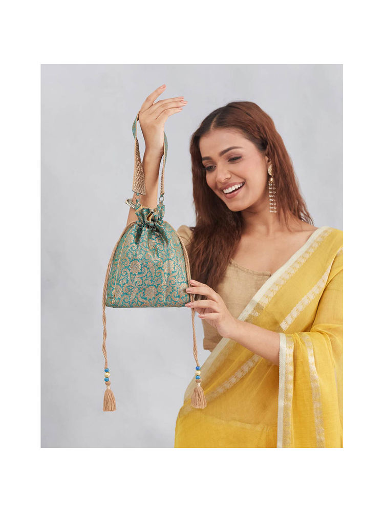 Fabindia Green Silk Blend Potli Bag-image-43