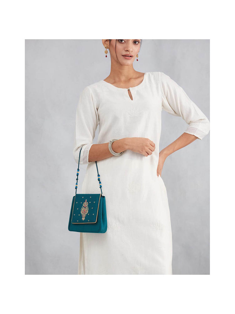 fabindia fashion Fabindia Teal Cotton Blend Sling Bag (M)-picture-20
