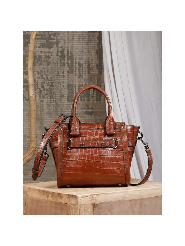 HATS OFF ACCESSORIES Elegance Genuine Leather Satchel Bag With Detachable Strap - Brown-image-45