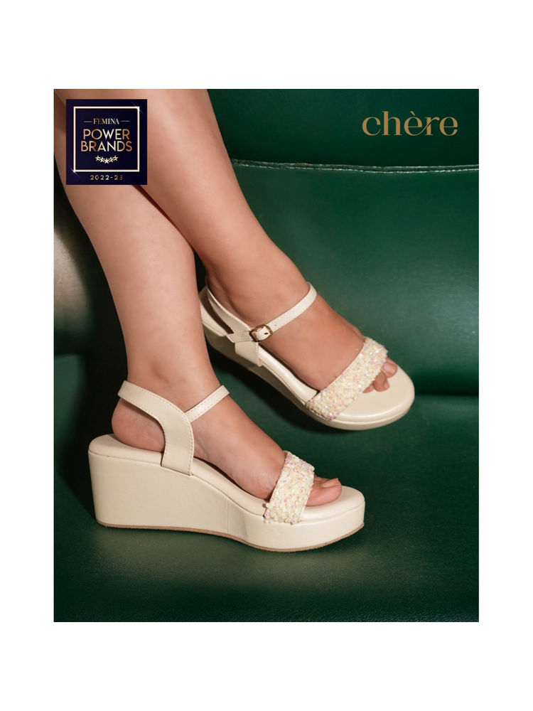 CHERE Luxe Pearl Embellished Beige Wedges Heels-picture-17