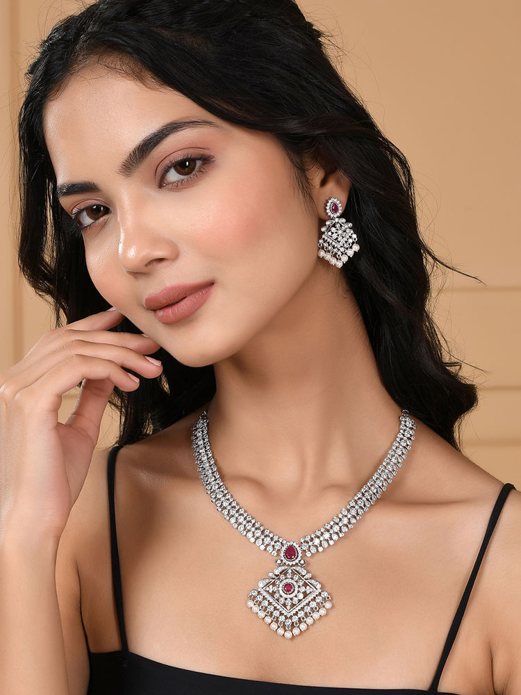 Voylla Oxidised Beautifully Crafted Cubic Zirconia Necklace Set-image-15