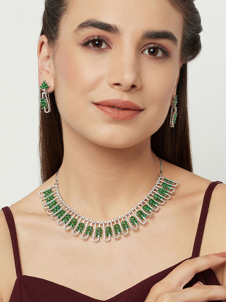 Voylla Cushion Setting Pear Cut Zircons Embellished Brass Silver Plated Necklace Set-picture-27