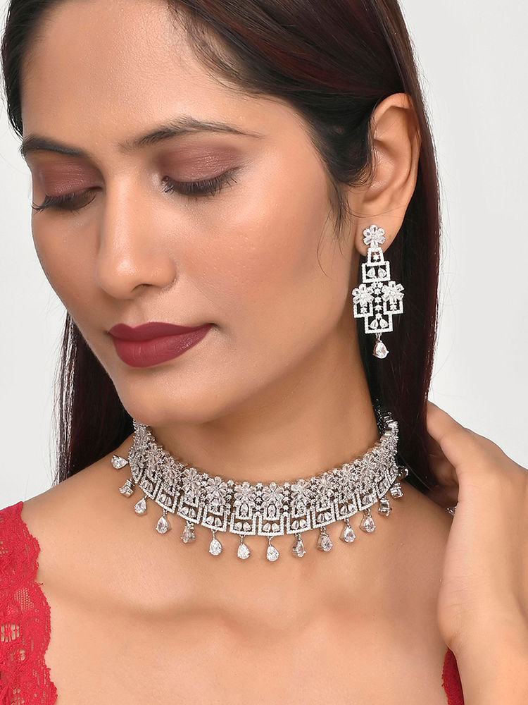 Voylla Sparkling Opulence Floral Choker Jewellery Set-image-1