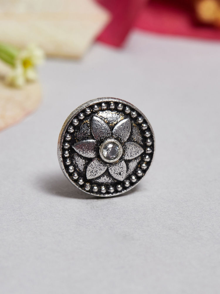 Voylla Indie Collectibles Floral Motif Oxidised Silver Nose Pin-image-5