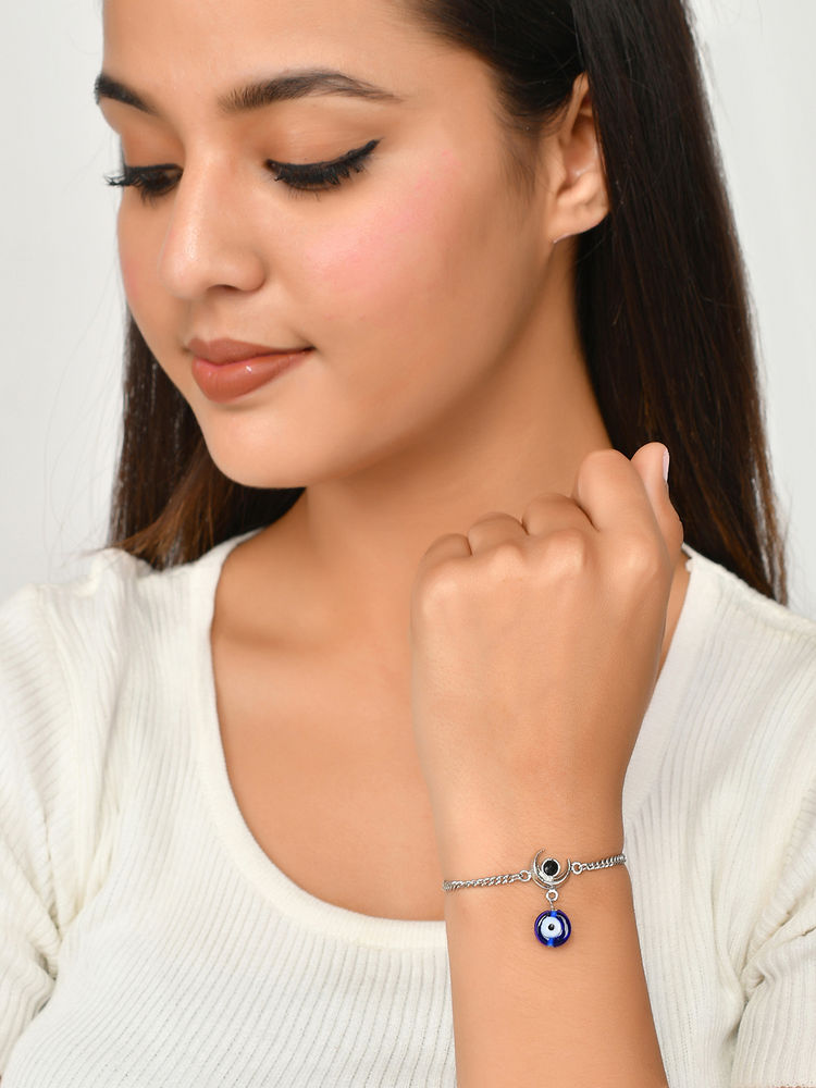 Voylla Evil Eye Hanging Bead With Shiva Moon Silver Oxidized Bracelet-picture-22