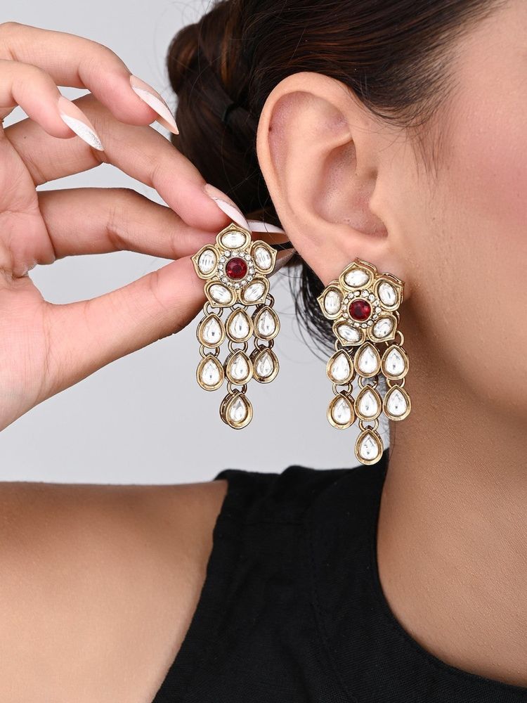 Anvik Gold Plated Kundan Flower Drop Earrings - Red-image-5
