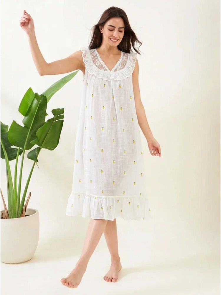 The Kaftan Company Pineapple Ditsy White Cotton Nightdress-picture-27