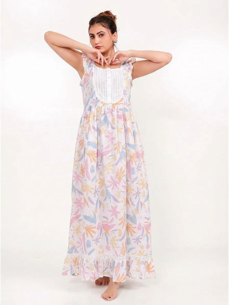 The Kaftan Company White Pastel Tropical Print Cotton Night Gown-picture-20