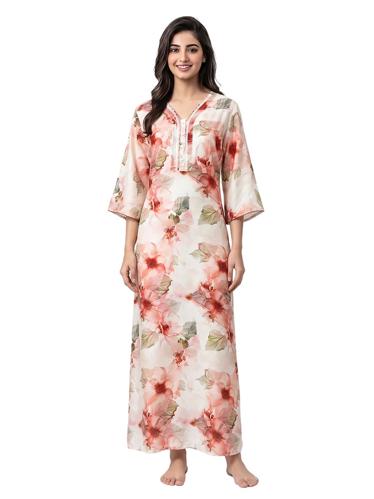 Juliet Off White Women's Printed Rayon Soft & Comfortable Night Gown-picture-12