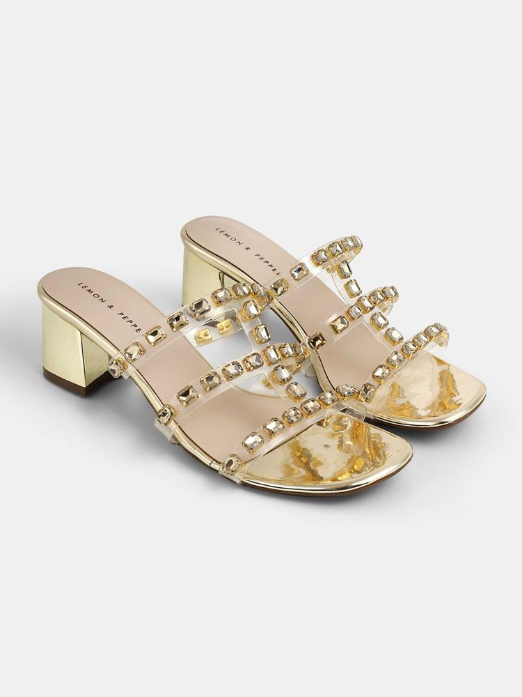 Lemon & Pepper Gold Stone-Studded Sandal Heels-picture-20
