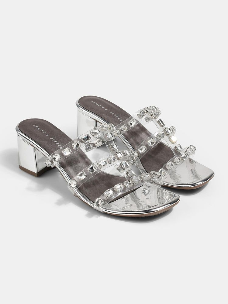 Lemon & Pepper Silver Stone-Studded Sandal Heels-image-11