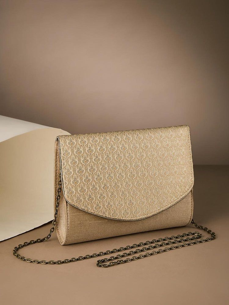 Fabindia Gold Self Design Polyester Clutch-image-19