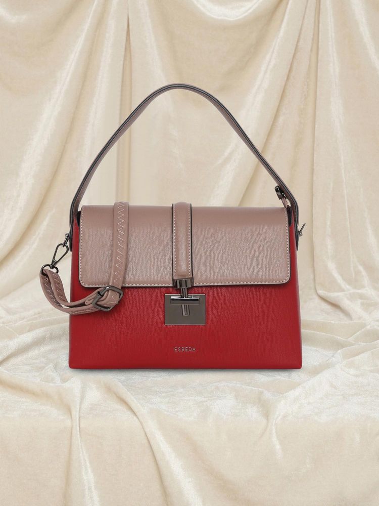 ESBEDA Maroon Colorblock Pu Handbag with Detachable Strap-image-41