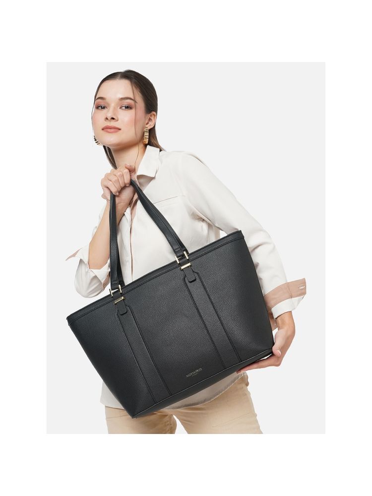 Accessorize London Womens Faux Leather Black Metal Detail 13 Inch Laptop Work Tote Bag