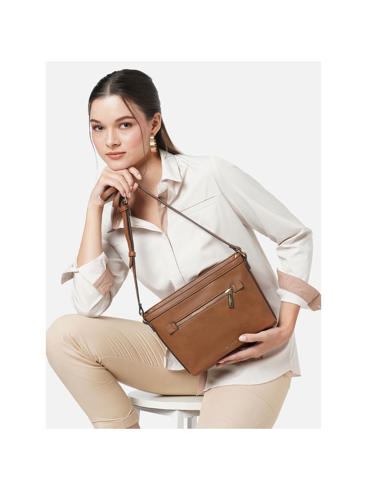 Accessorize London Womens Faux Leather Brown Top Zip Sling Bag-image-38