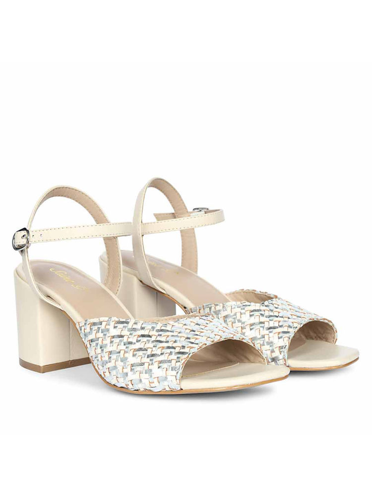Saint G Women Silver & Off White Hand Woven Leather Heels-picture-19